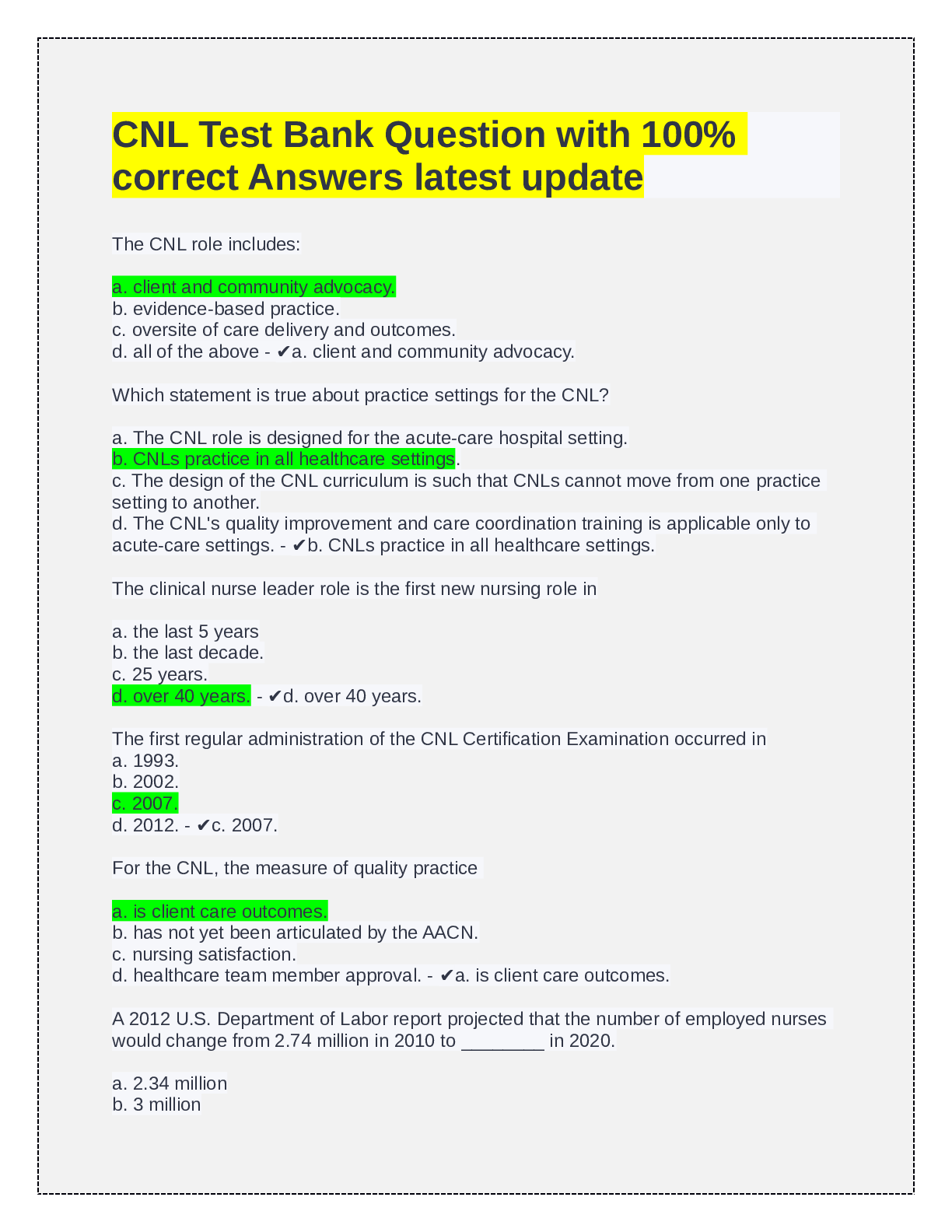 Preview of CNL Test Bank Question with 100%correct Answers latest update