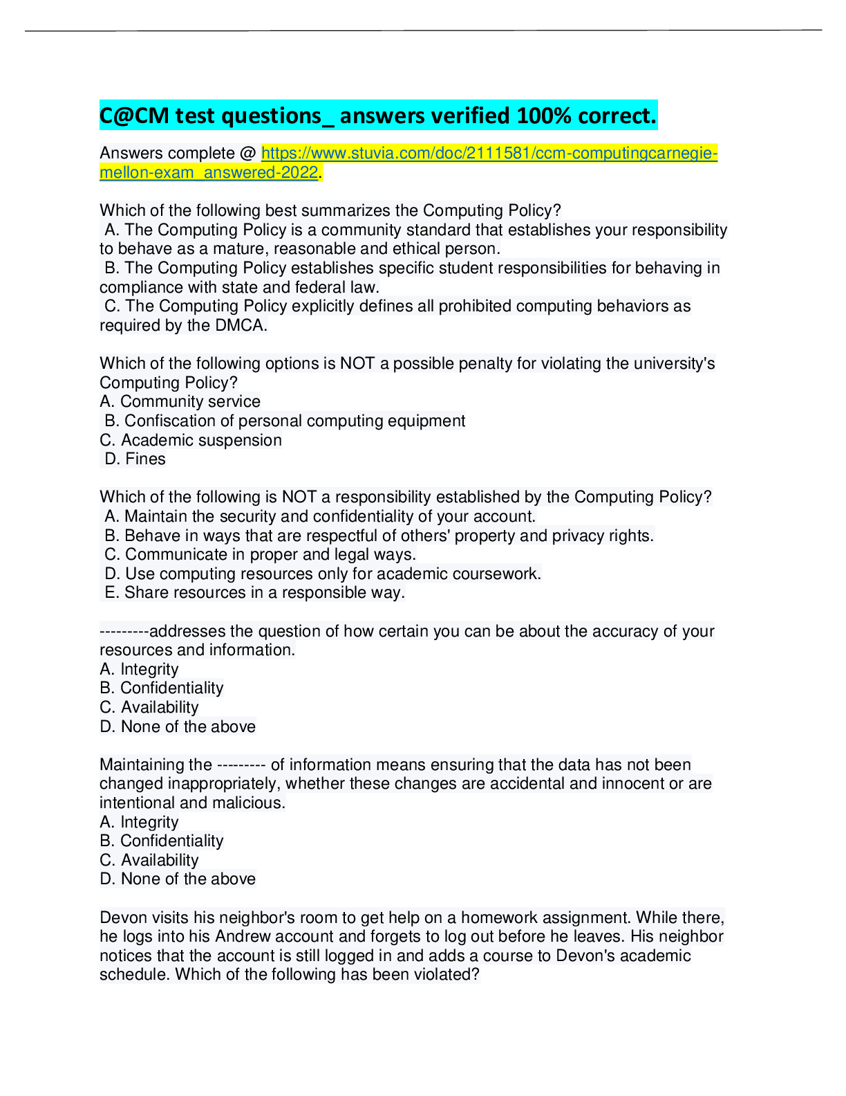 Preview image of CCM TEST Qns & Ans Computing Carnegie Mellon Exam 2023 document