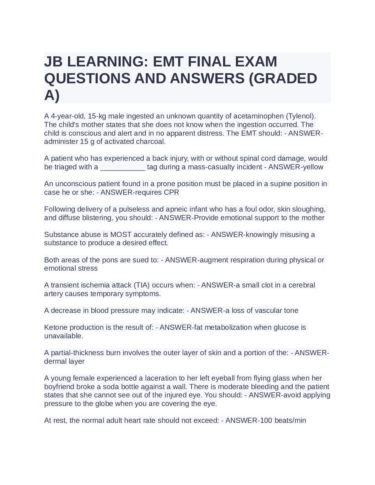 Preview of JB LEARNING EMT FINAL EXAMQUESTIONS AND ANSWERS (GRADEDA)