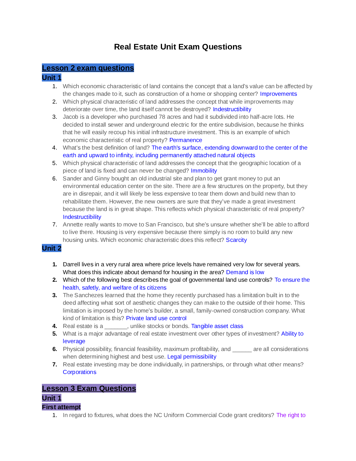Preview of Common Real Estate Tests Qns &amp; Ans(From 22 Versions)