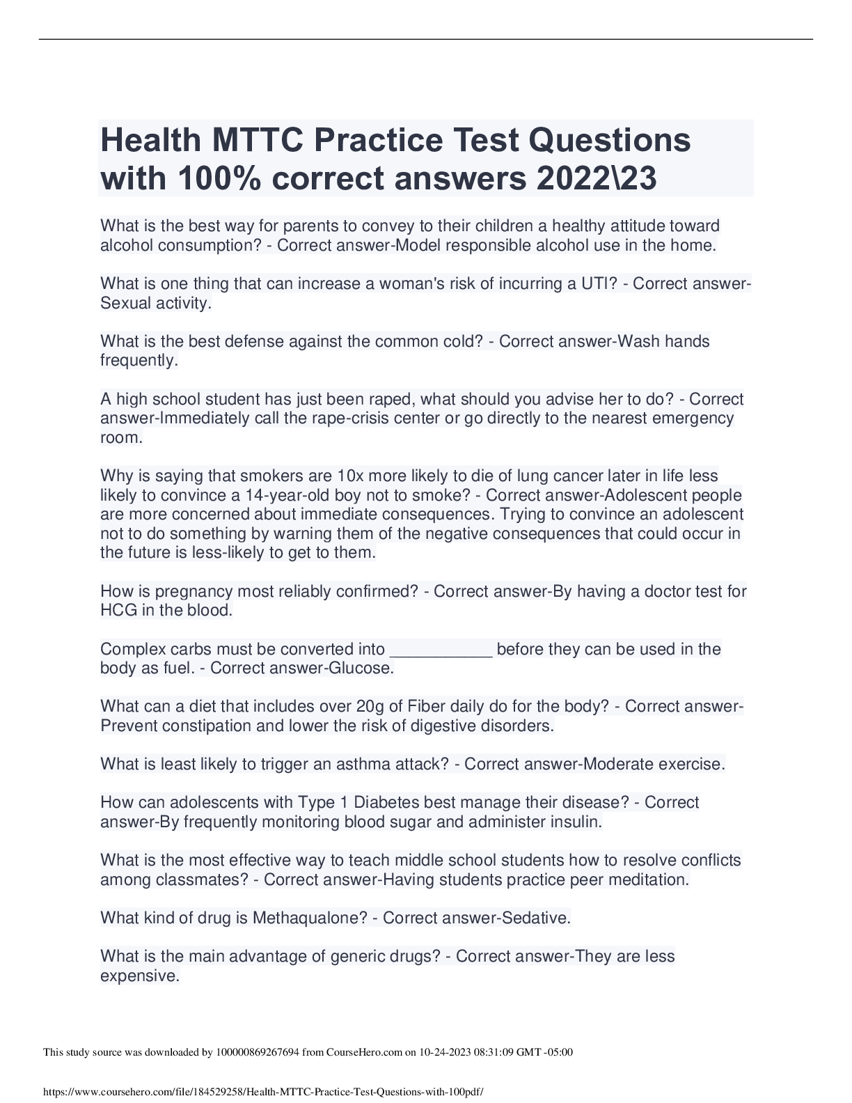 Preview of Health MTTC Practice Test Questionswith 100% correct answers 202223