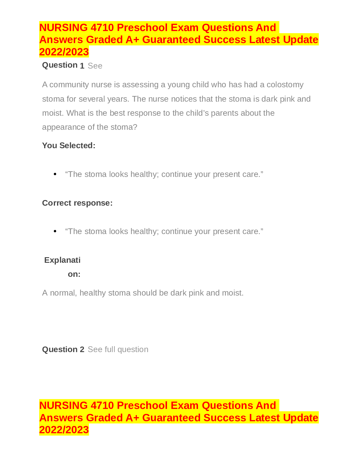 Preview of NURSING 4710 Preschool Exam Questions AndAnswers Graded A+ Guaranteed Success Latest Updat