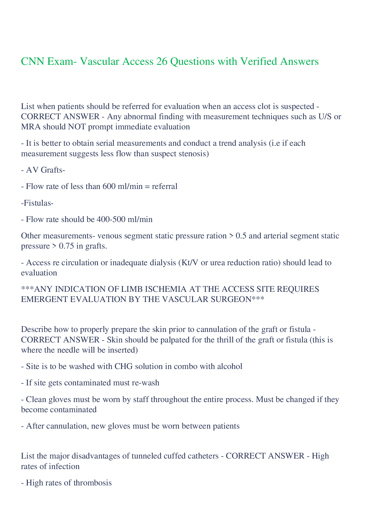 Preview image for CNN Exam- Vascular Access 26 Questions with Verified Answers,100% CORRECT