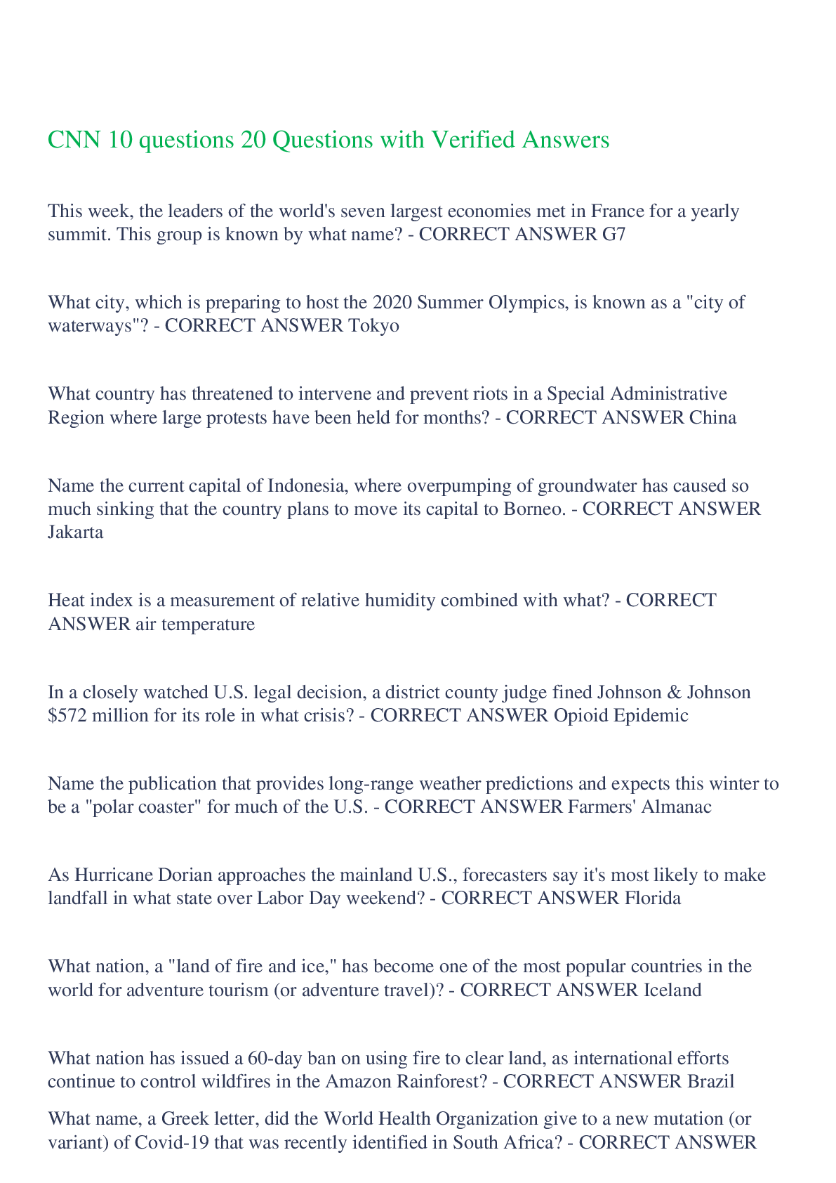 Preview image of CNN 10 questions 20 Questions with Verified Answers,100%  CORRECT document