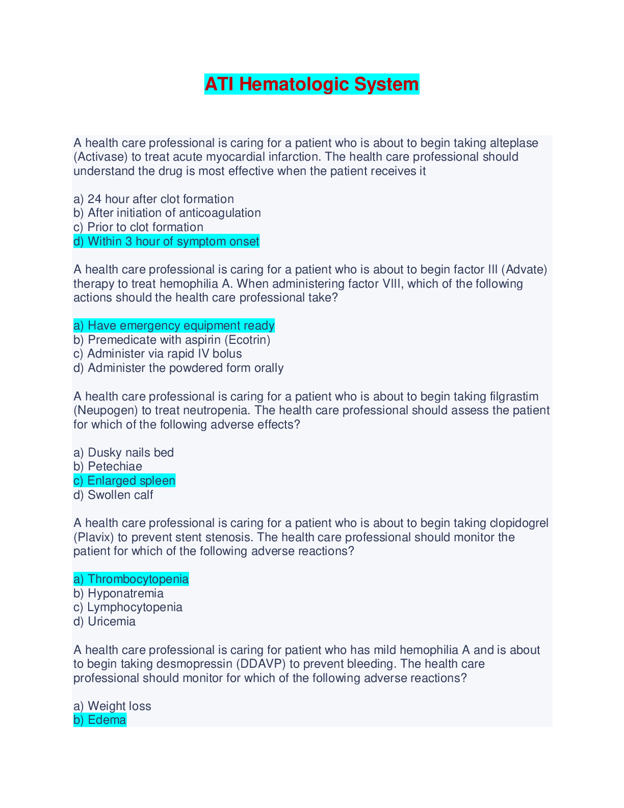 Preview image of ATI Hematologic System - Questions and Answers document