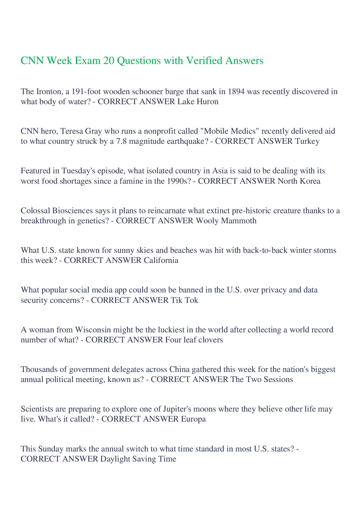 Preview of CNN Week Exam 20 Questions with Verified Answers,100% CORRECT