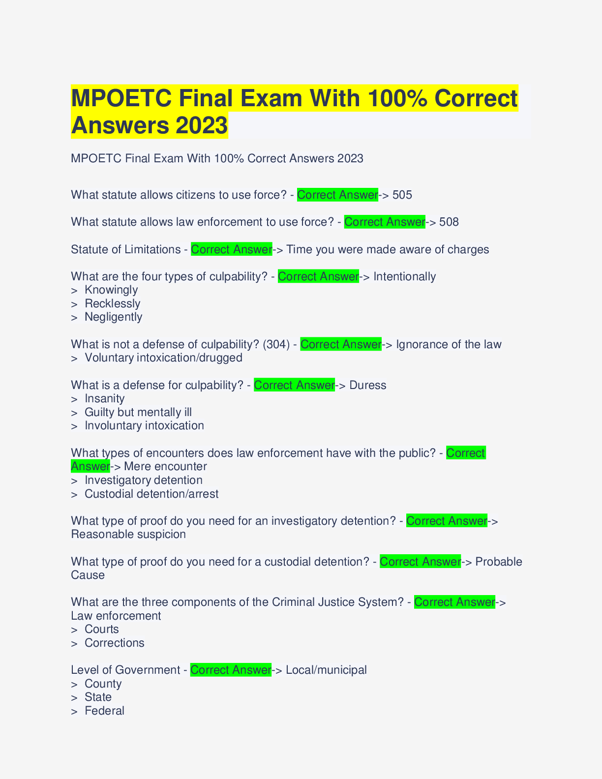 Preview image of MPOETC Final Exam With 100% Correct Answers 2023 document