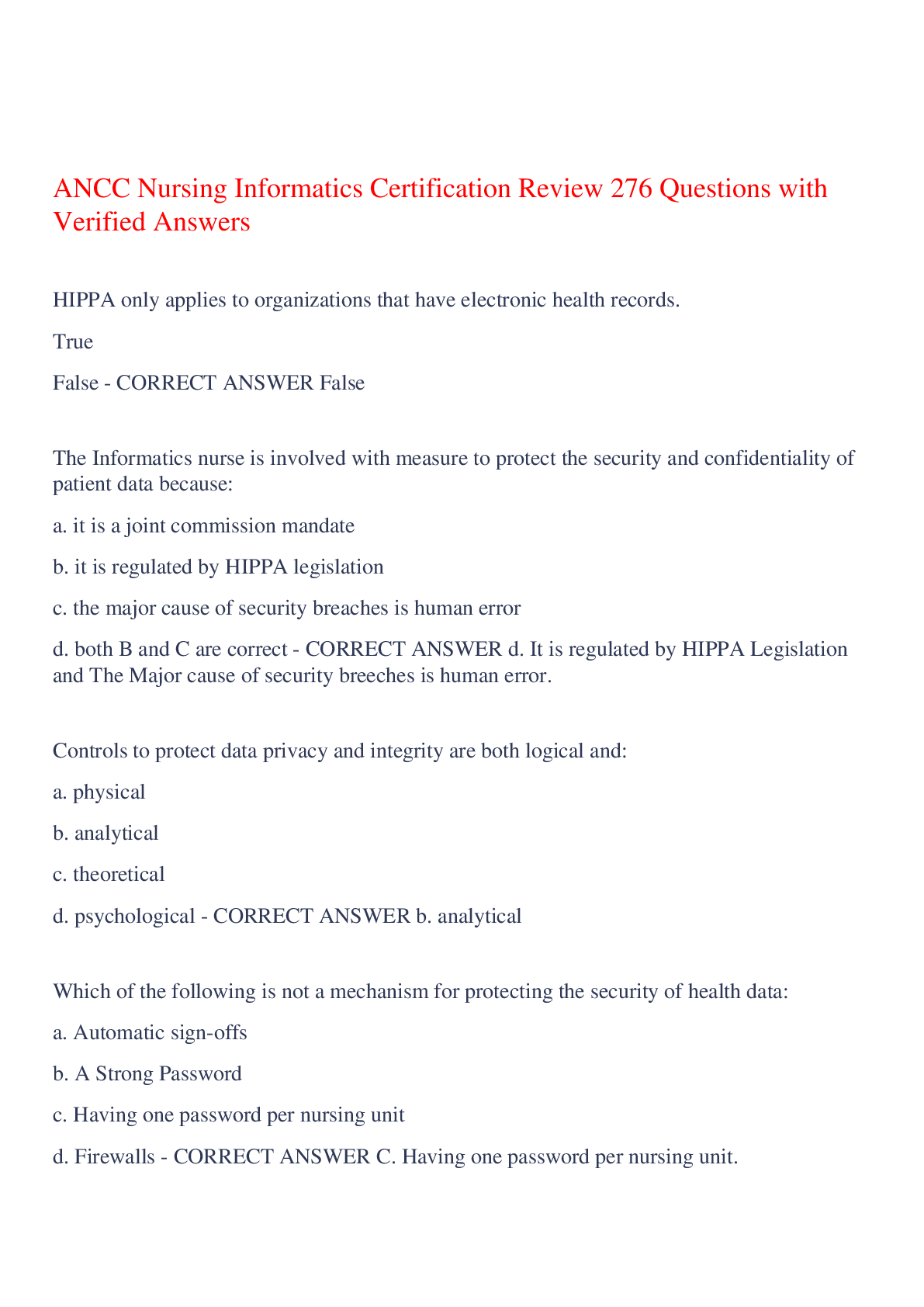 ANCC Nursing Informatics Certification Review 276 Questions with Verified Answers,100% CORRECT