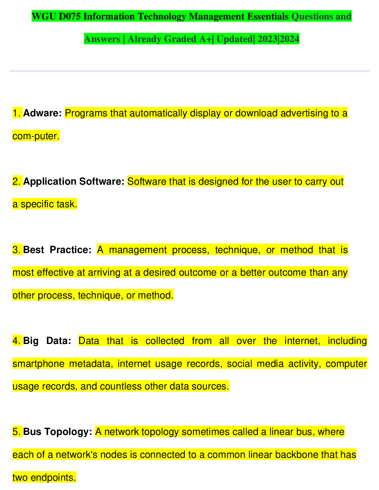 Preview of WGU D075 Information Technology Management Essentials Qns & Ans 2023