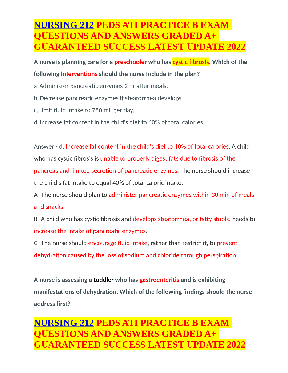 Preview of NURSING 212PEDS ATI PRACTICE B EXAMQUESTIONS AND ANSWERS GRADED A+GUARANTEED SUCCESS LATES