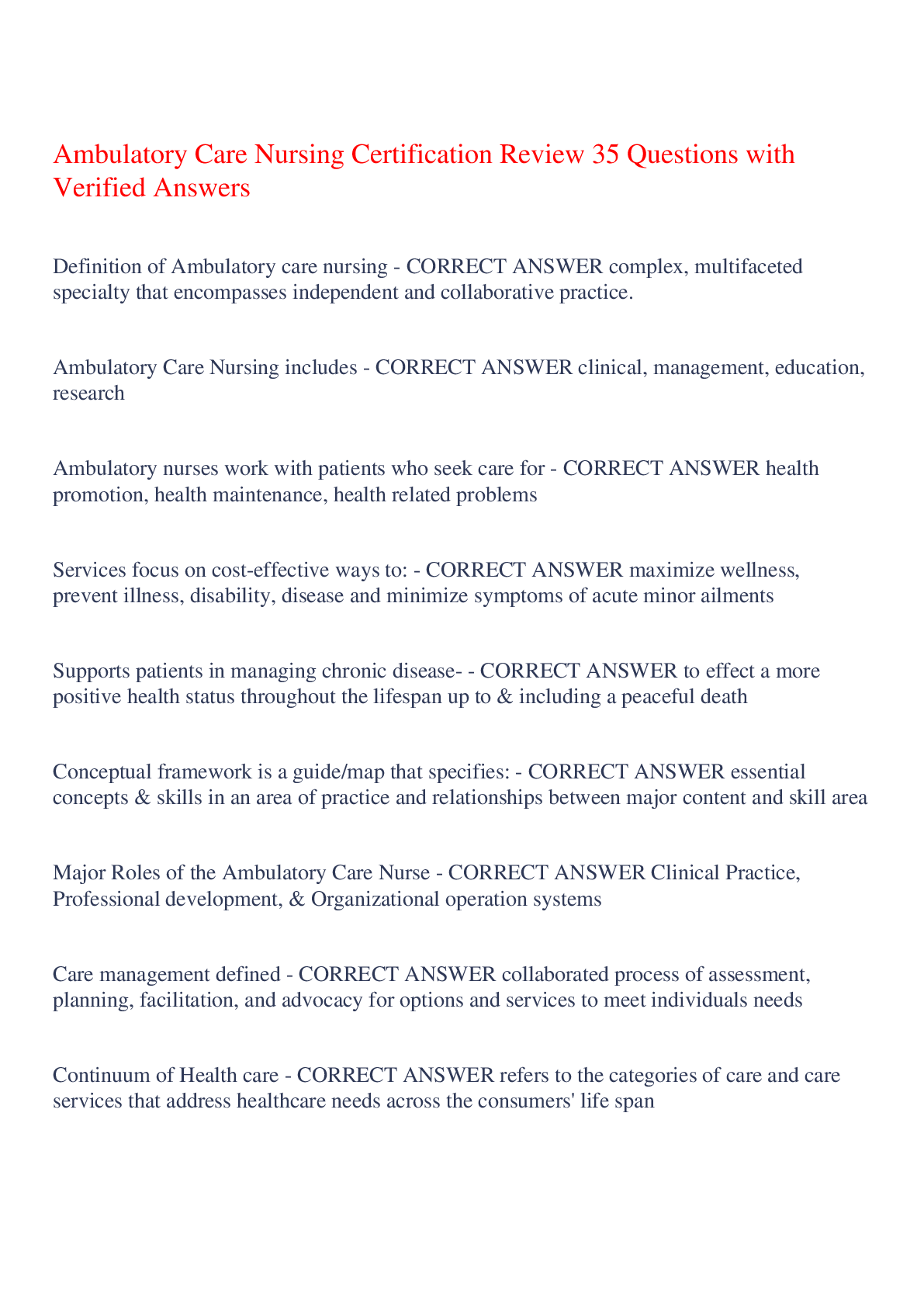 Recommended document preview for Ambulatory Care Nursing Certification Review 35 Questions with Verified Answers,100% CORRECT