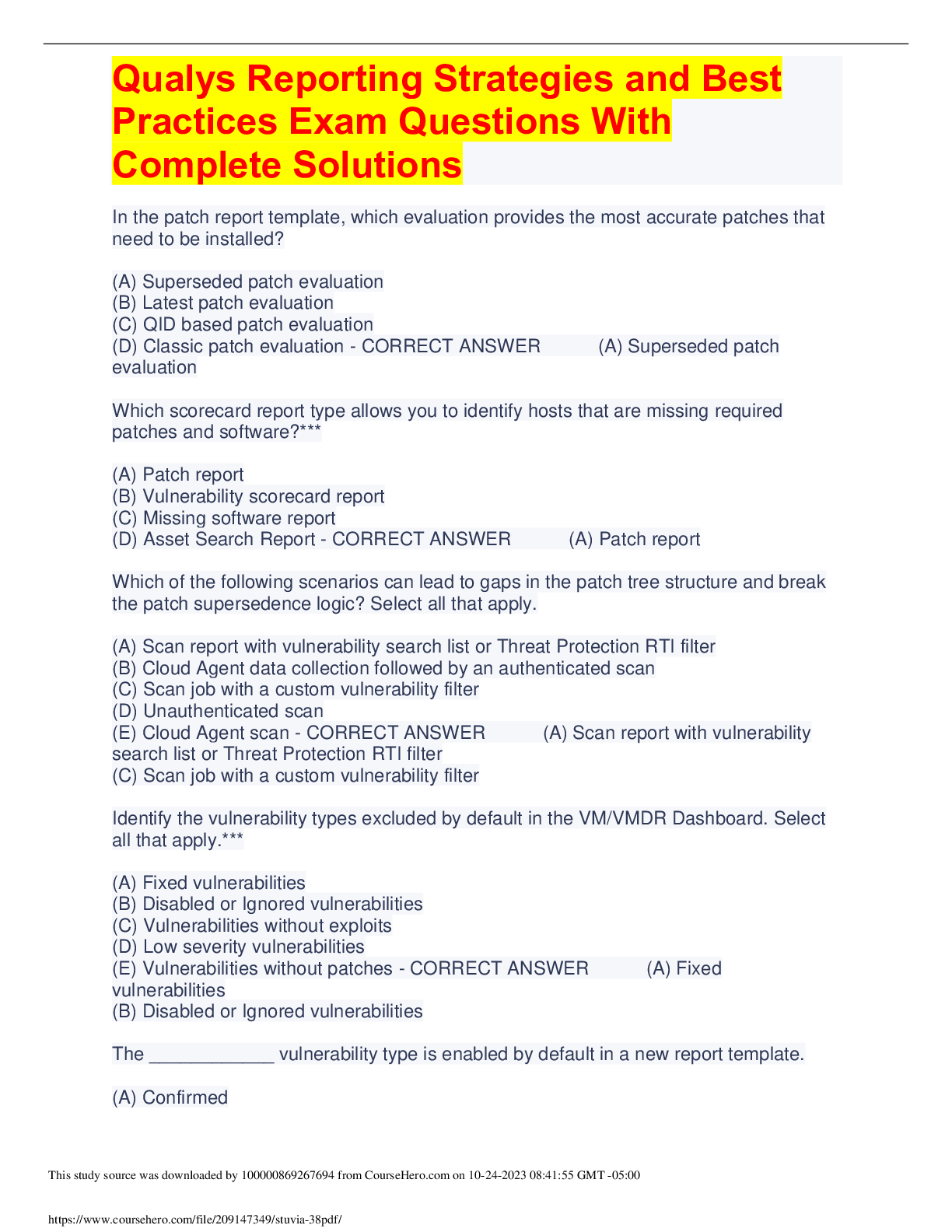 Preview of Qualys Reporting Strategies and BestPractices Exam Questions WithComplete Solutions