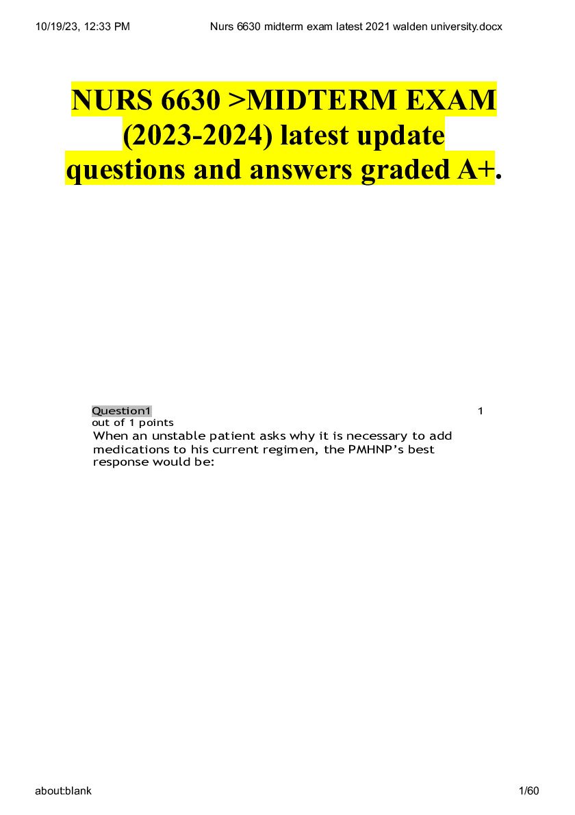 Preview of NURS 6630 MIDTERM EXAM(2023-2024) latest updatequestions and answers graded A+
