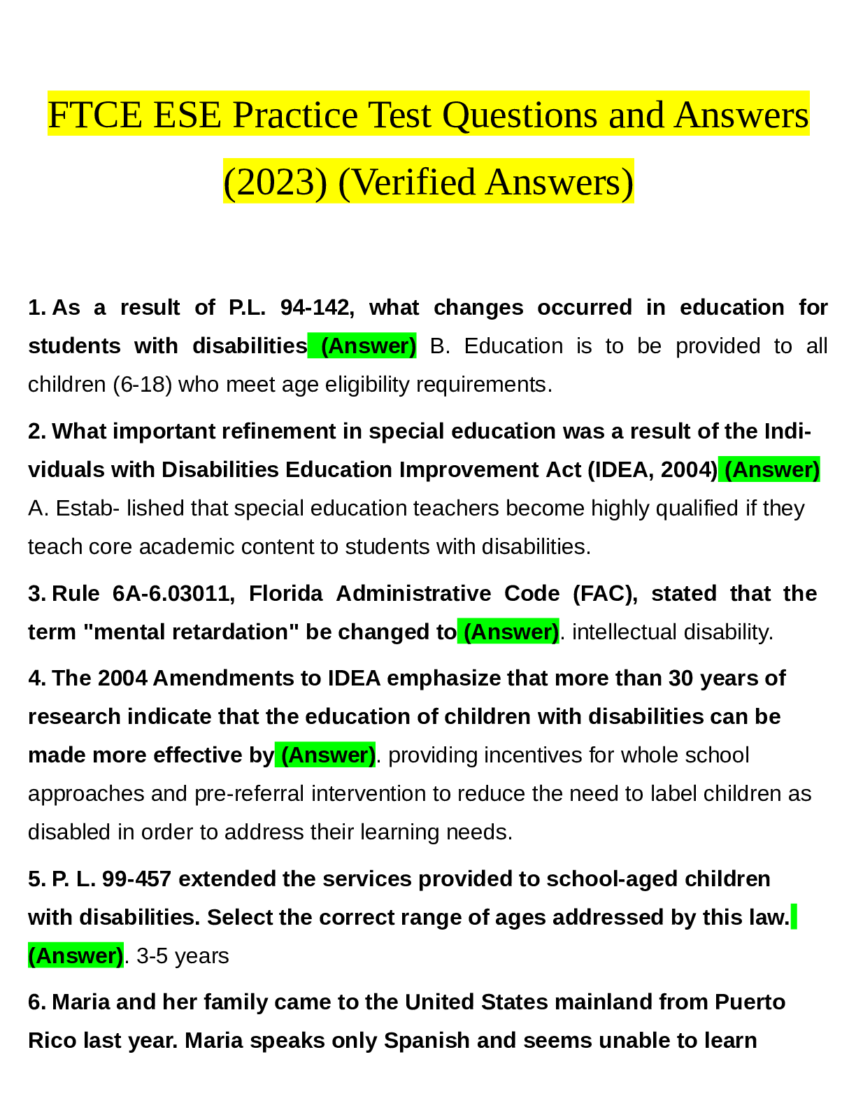 Preview of FTCE ESE Practice Test Questions and Answers(2023) (Verified Answers)