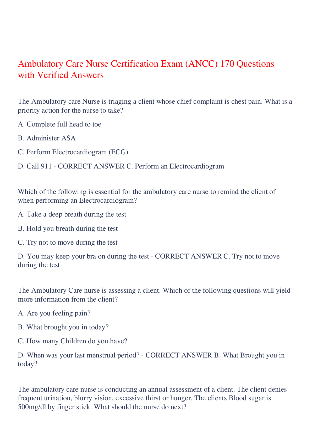 Ambulatory Care Nurse Certification Exam (ANCC) 170 Questions with Verified Answers,100% CORRECT