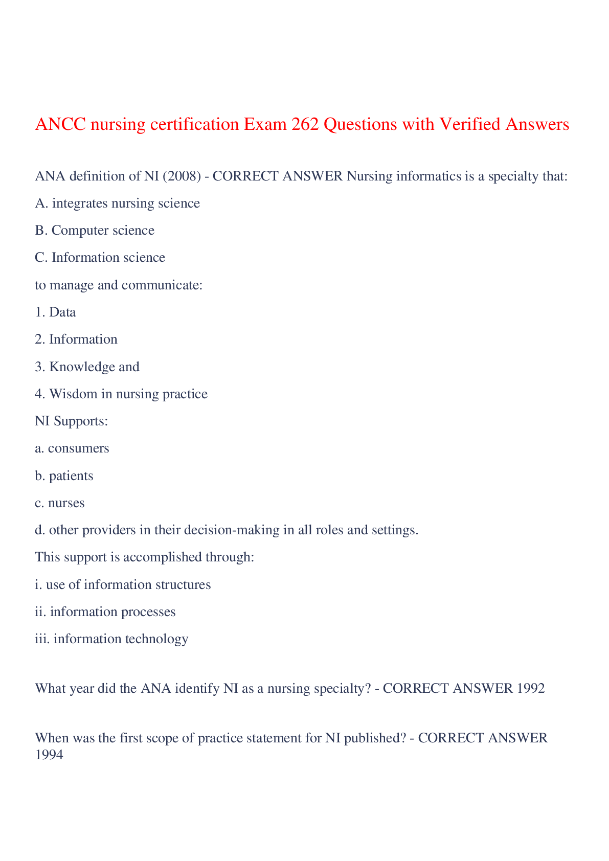 ANCC nursing certification Exam 262 Questions with Verified Answers,100% CORRECT
