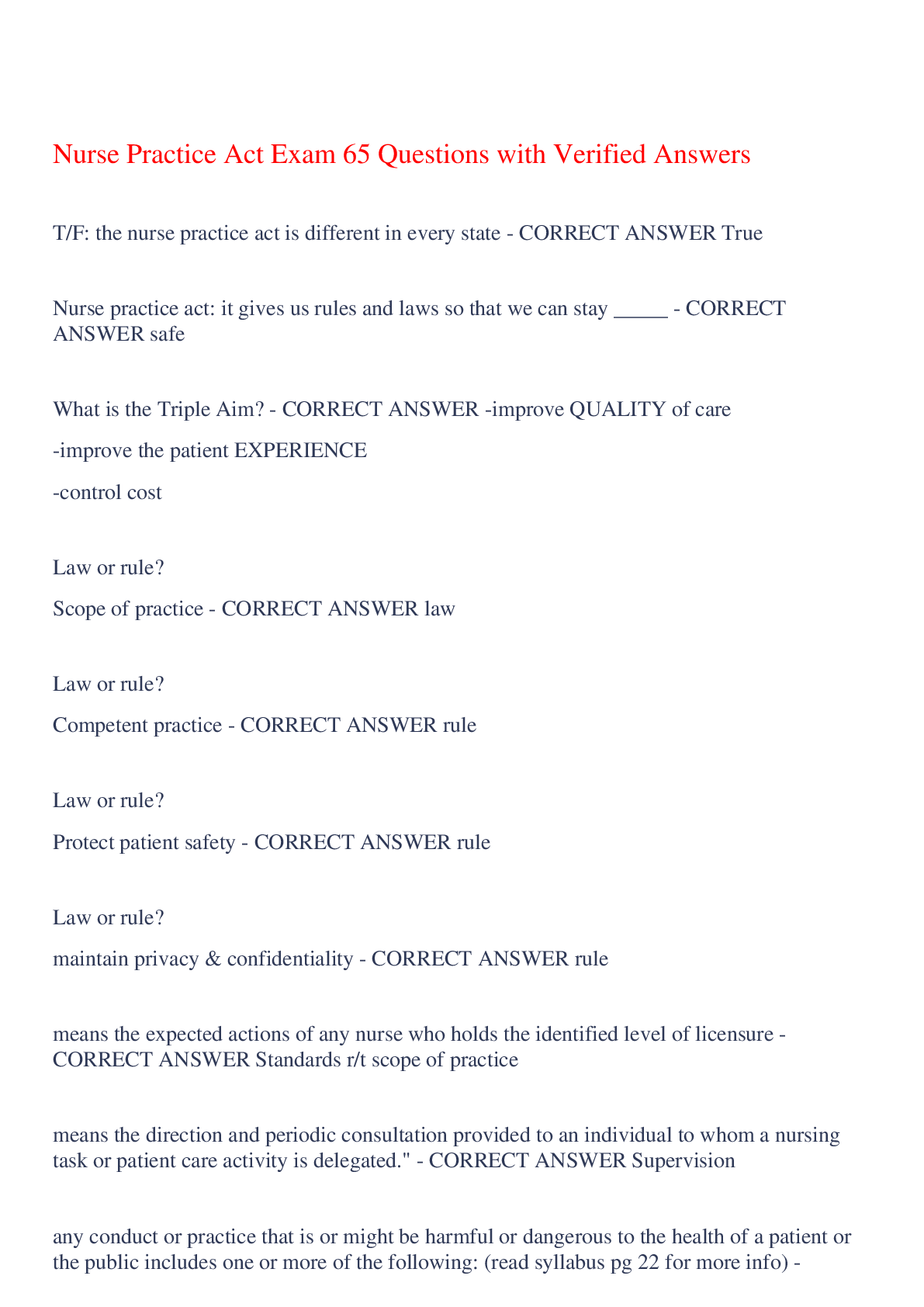 Preview of Nurse Practice Act Exam 65 Questions with Verified Answers,100% CORRECT