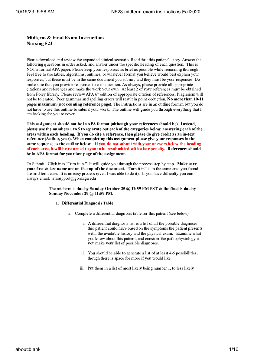 Preview image of Nursing 523 midterm exam instructions Fall2020 document