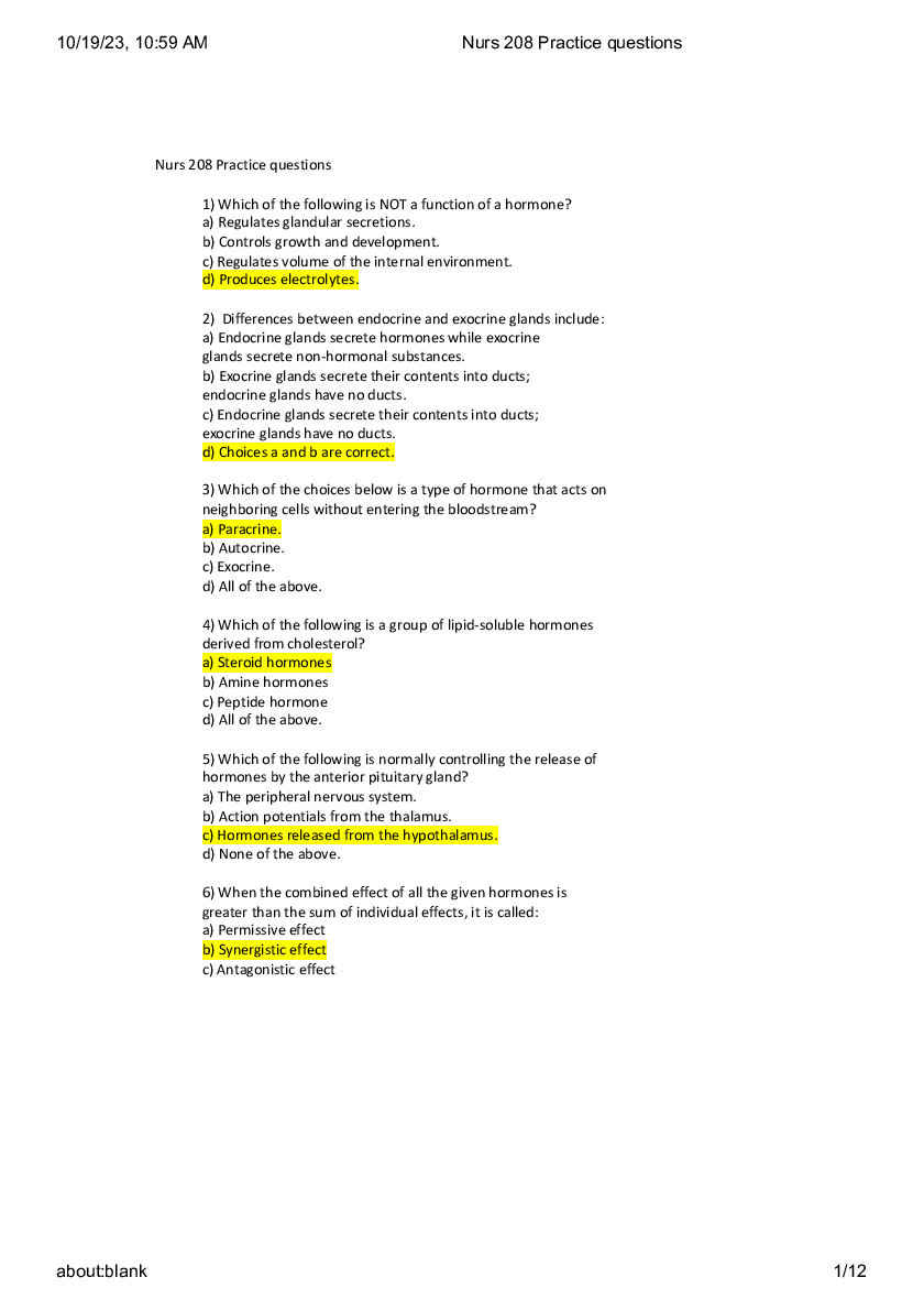 Preview image of NURS 208 Practice questions 2023 document