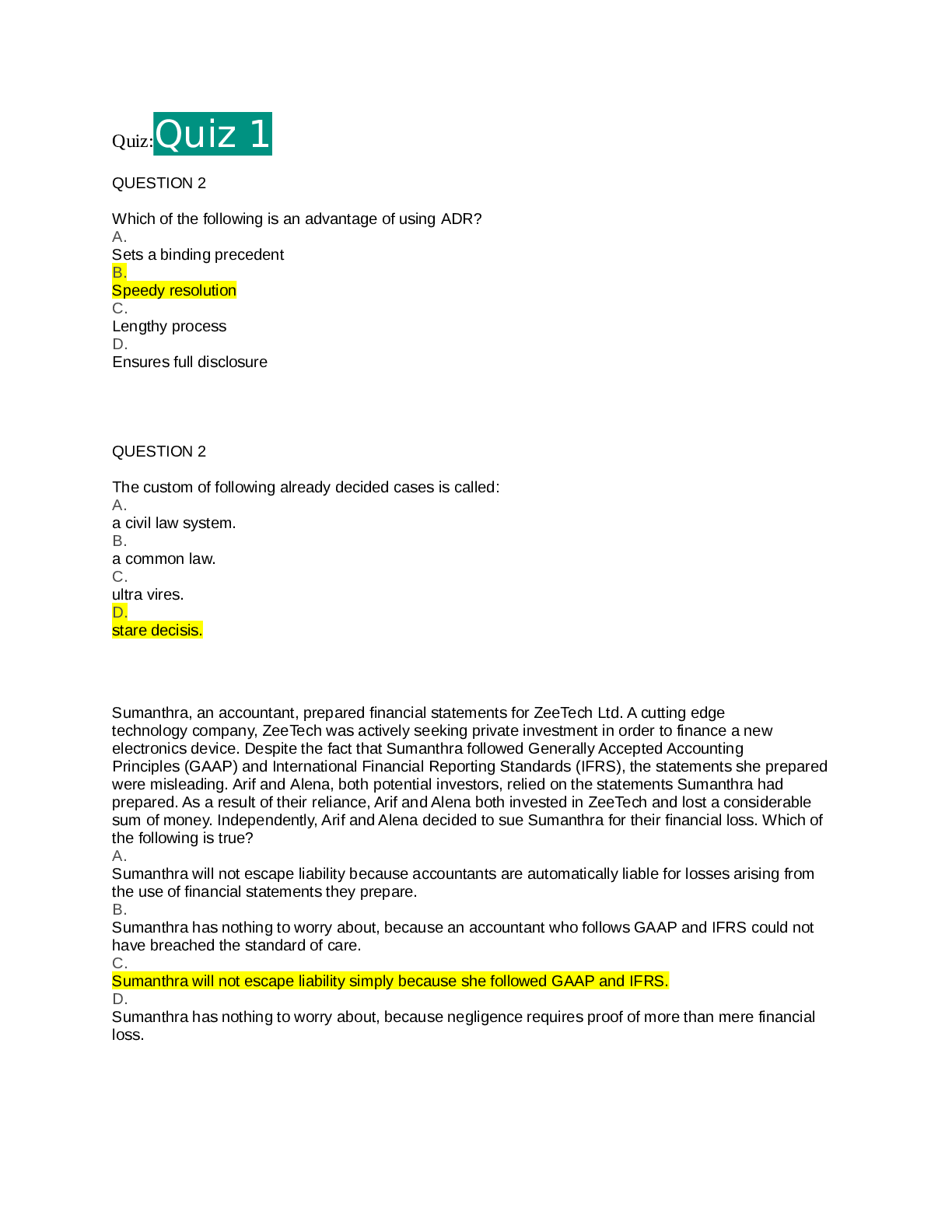 Preview of BUSINESS LAW CPA Course Test Questions 2023