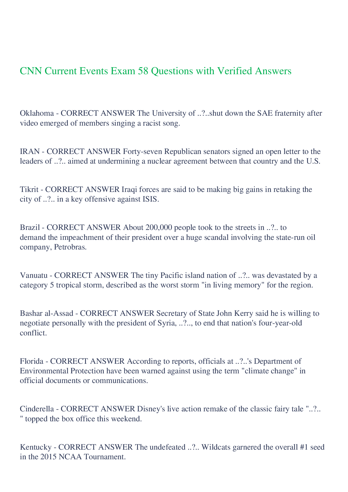 Preview of CNN Current Events Exam 58 Questions with Verified Answers,100% CORRECT