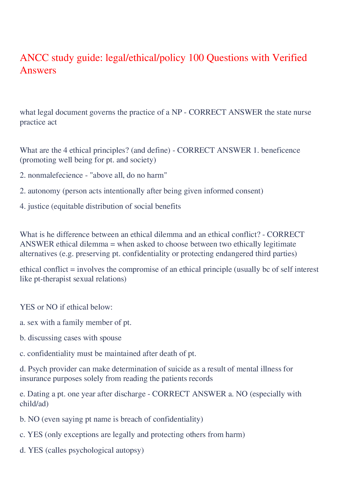 ANCC study guide: legal/ethical/policy 100 Questions with Verified Answers,100% CORRECT