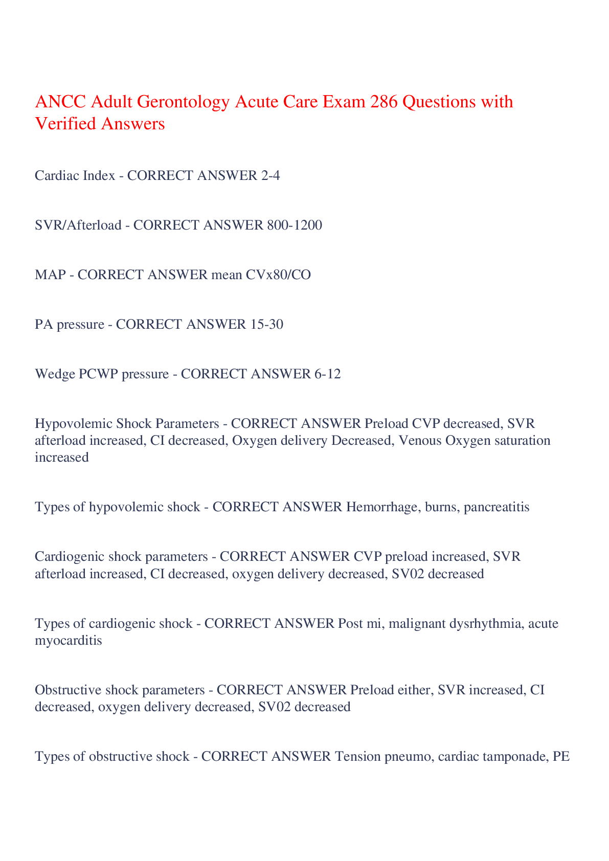 Preview of ANCC Adult Gerontology Acute Care Exam 286 Questions with Verified Answers,100% CORRECT