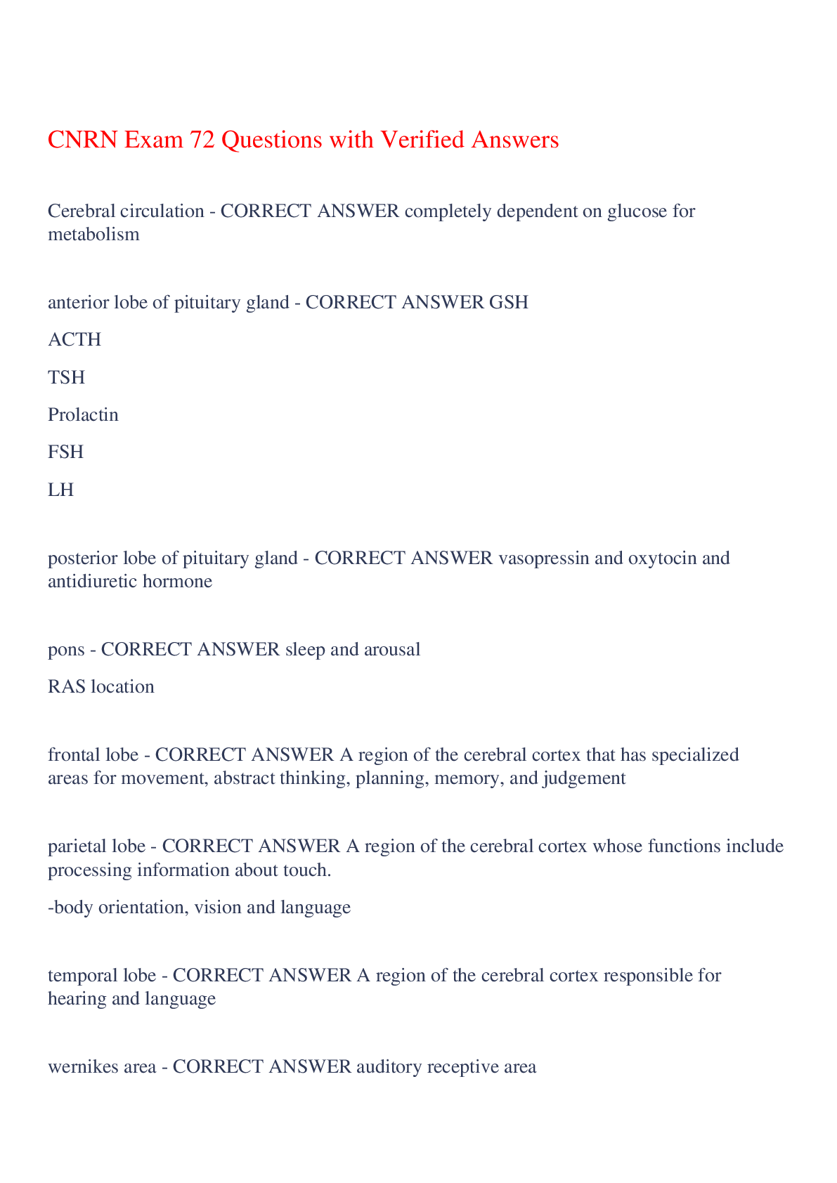 Preview of CNRN Exam 72 Questions with Verified Answers,100% CORRECT