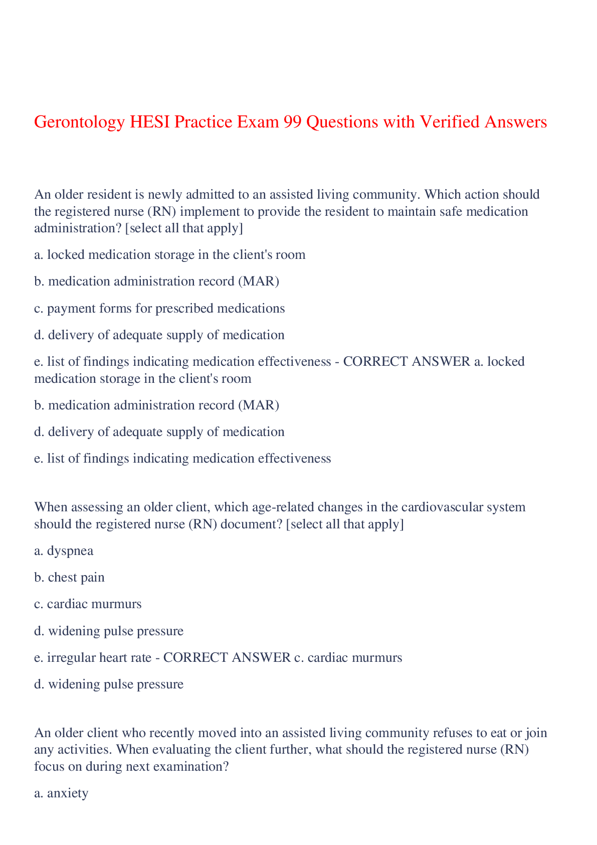 Preview of Gerontology HESI Practice Exam 99 Questions with Verified Answers,100% CORRECT