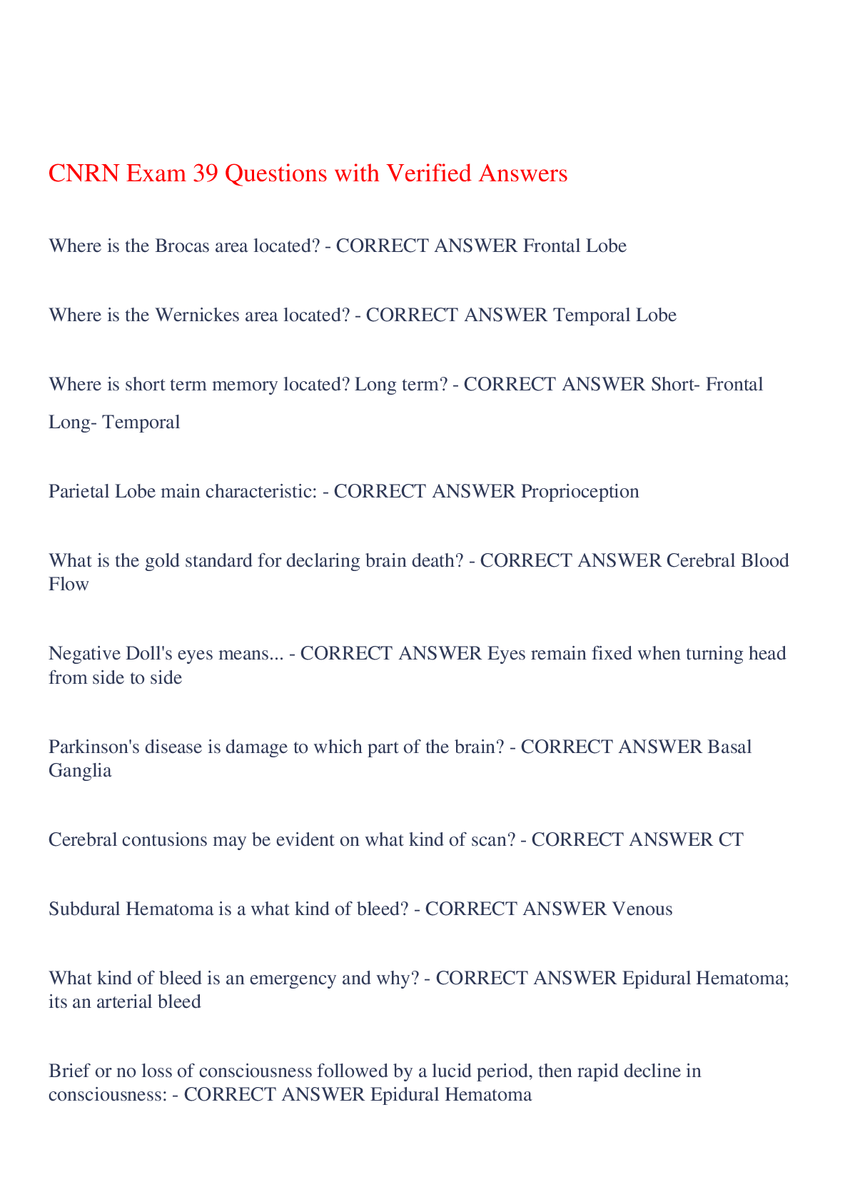 Preview of CNRN Exam 39 Questions with Verified Answers,100% CORRECT