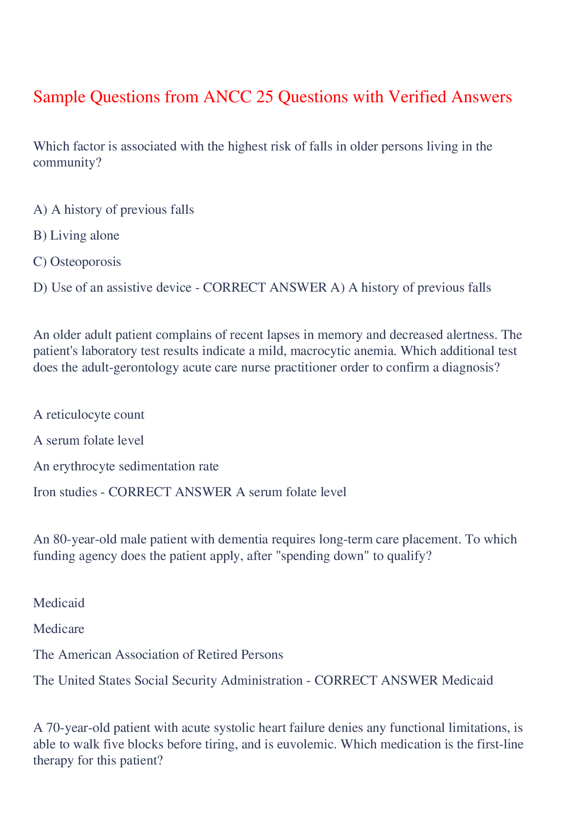 Preview of Sample Questions from ANCC 25 Questions with Verified Answers,100% CORRECT