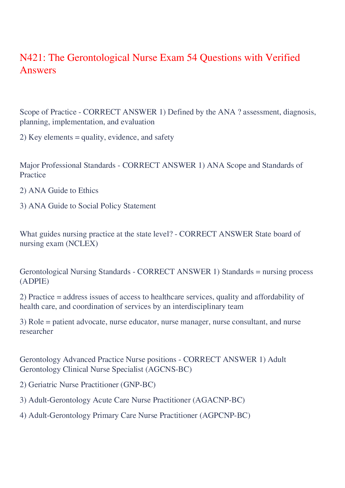 Recommended document preview for N421: The Gerontological Nurse Exam 54 Questions with Verified Answers,100% CORRECT