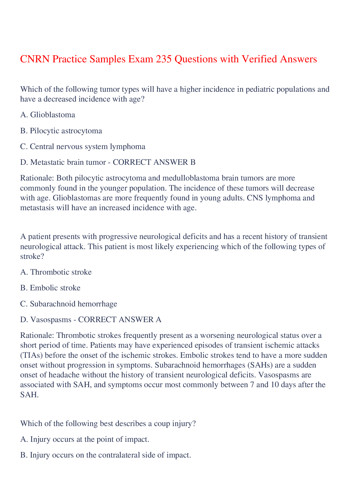 CNRN Practice Samples Exam 235 Questions with Verified Answers,100% CORRECT