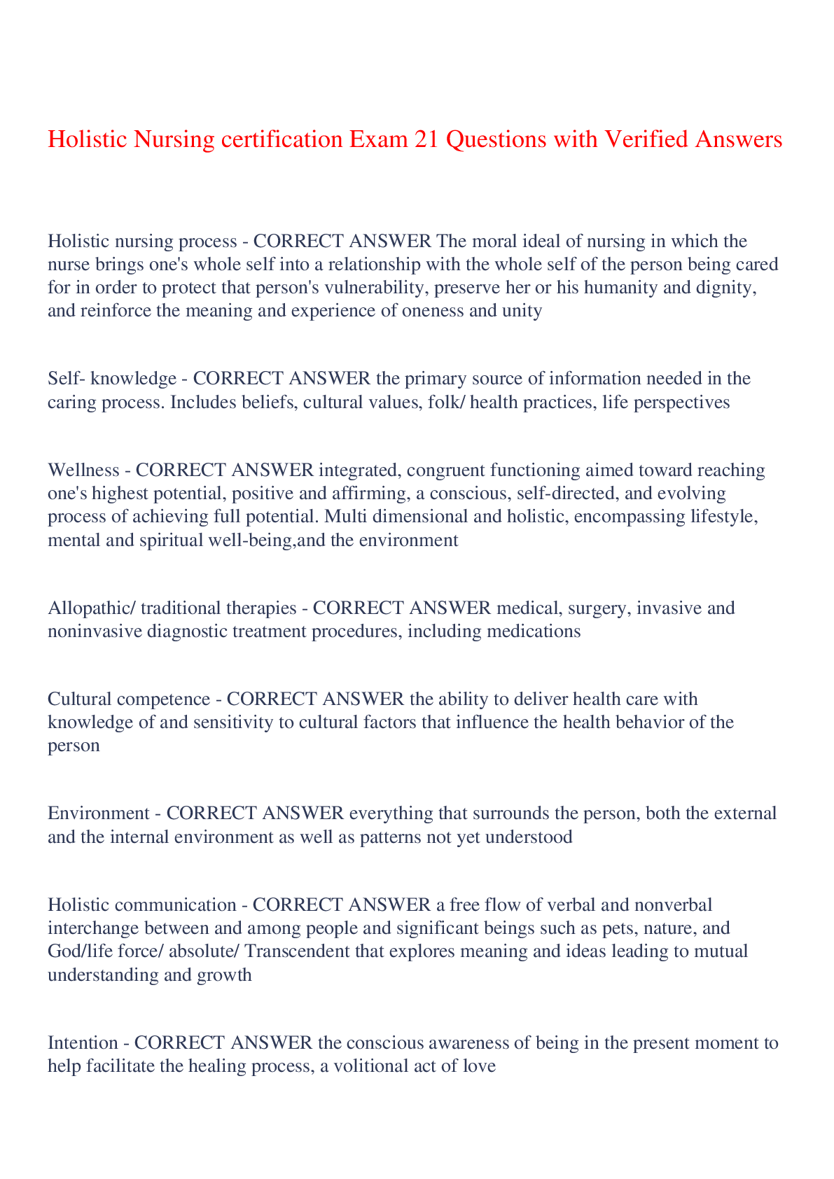 Preview image of Holistic Nursing certification Exam 21 Questions with Verified Answers,100% CORRECT document