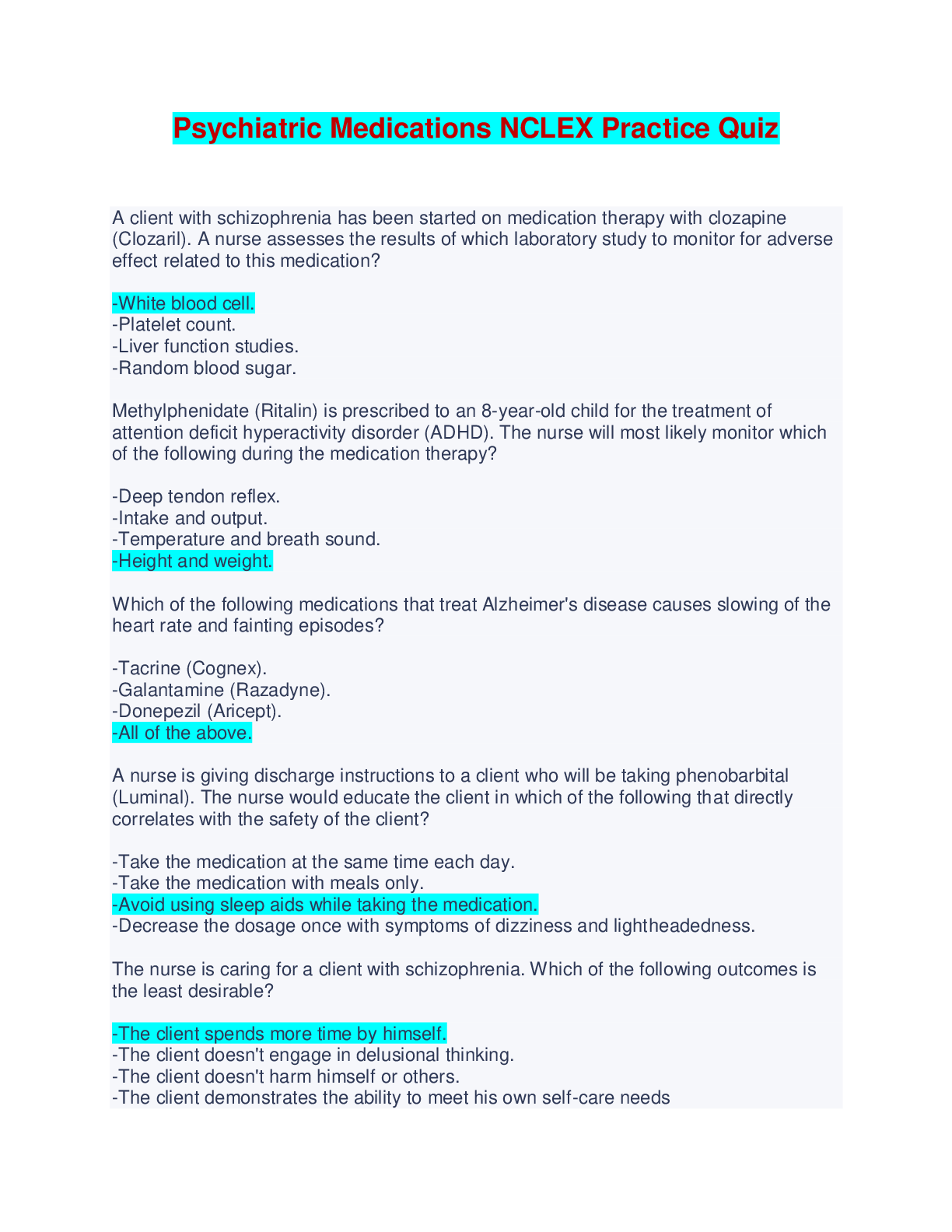 Psychiatric Medications NCLEX Practice Quiz - Browsegrades