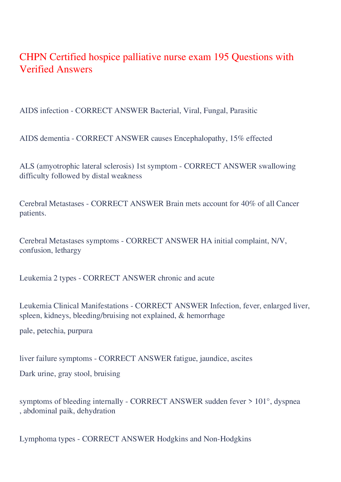 Preview of CHPN Certified hospice palliative nurse exam 195 Questions with Verified Answers,100% CORRECT