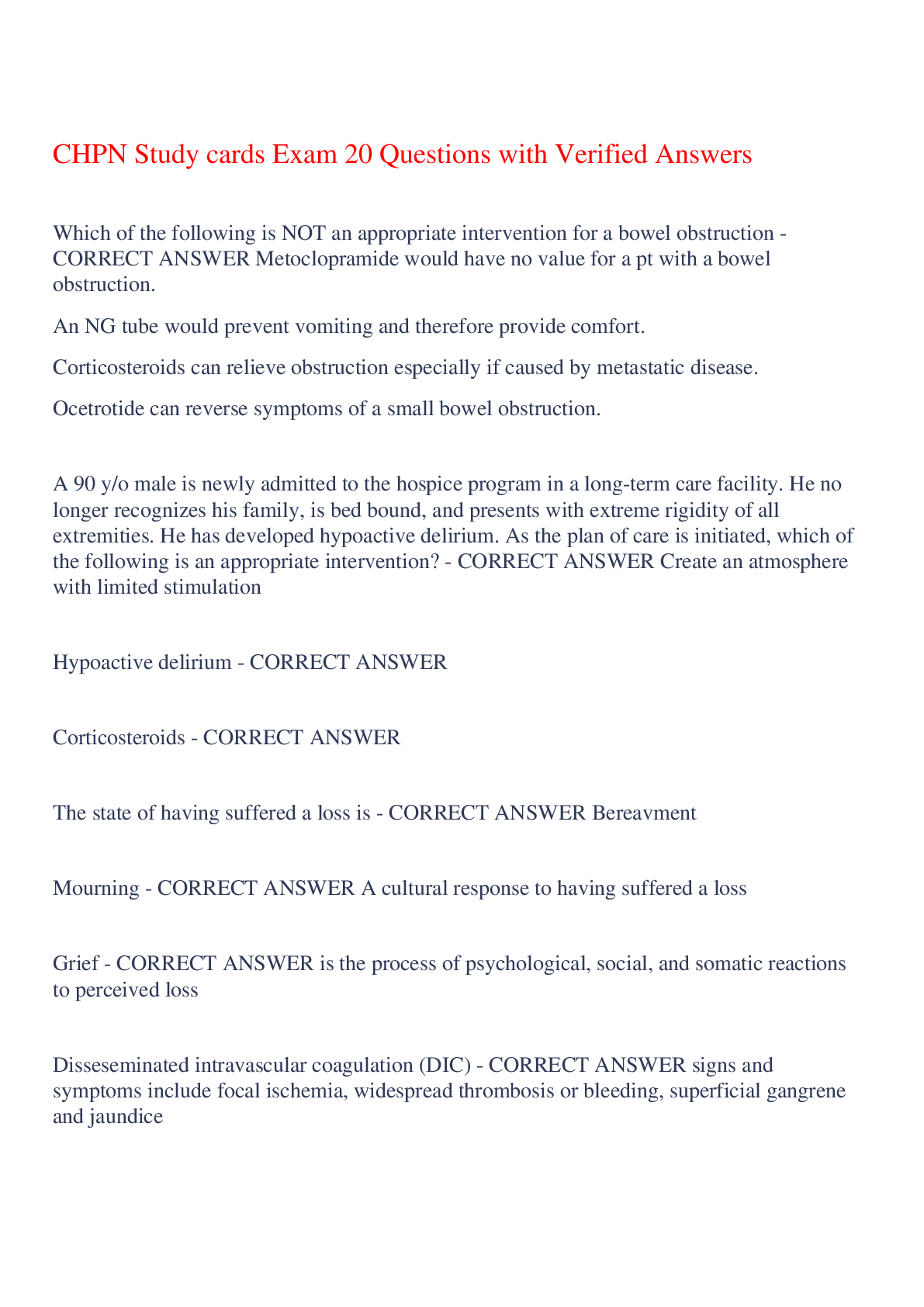 Preview of CHPN Study cards Exam 20 Questions with Verified Answers,100% CORRECT