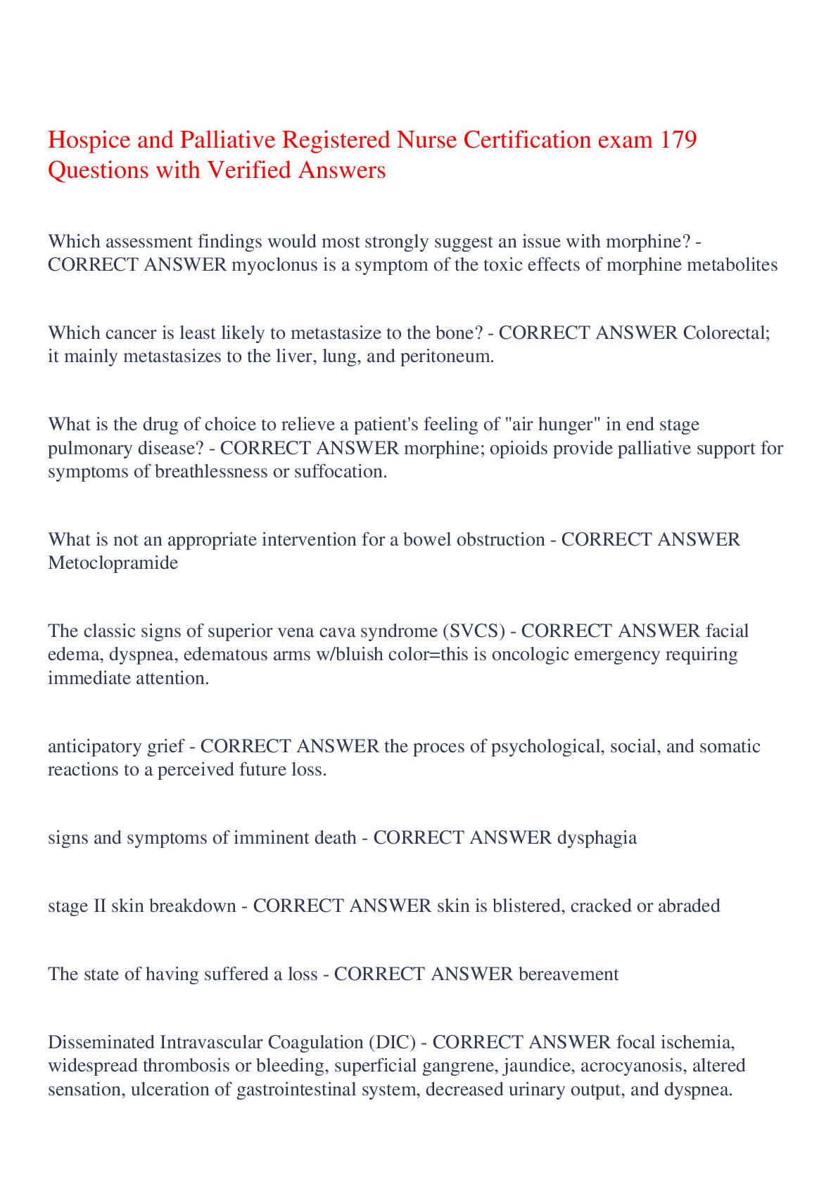 Preview image for Hospice and Palliative Registered Nurse Certification exam 179 Questions with Verified Answers,100% CORRECT