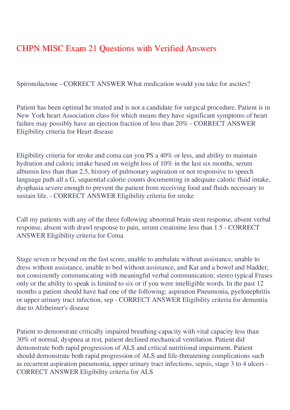 Preview image for CHPN MISC Exam 21 Questions with Verified Answers,100% CORRECT
