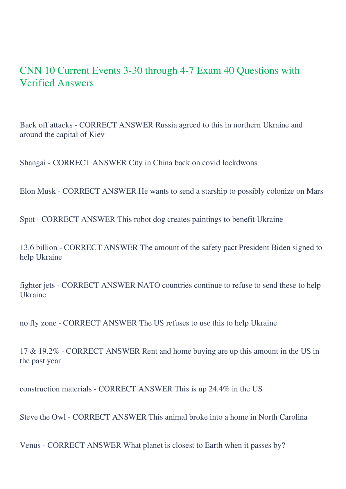 Preview image of CNN 10 Current Events 3-30 through 4-7 Exam 40 Questions with Verified Answers,100% CORRECT document