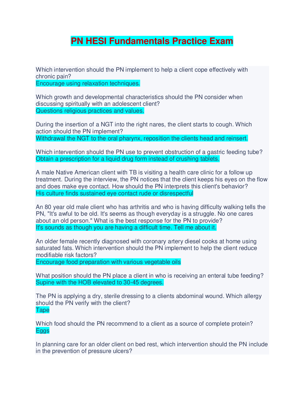 PN HESI Fundamentals Practice Exam - Questions and Answers