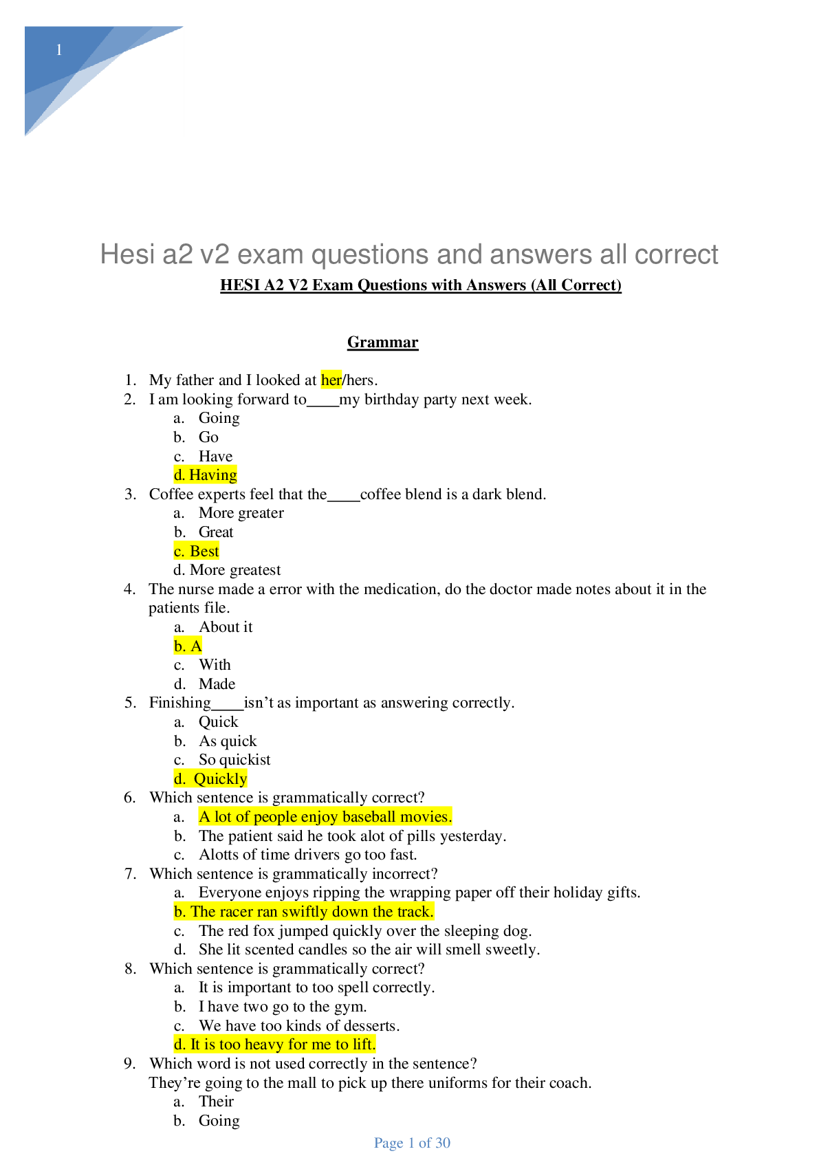 Preview of Hesi a2 v2 exam questions and answers all correct 2023