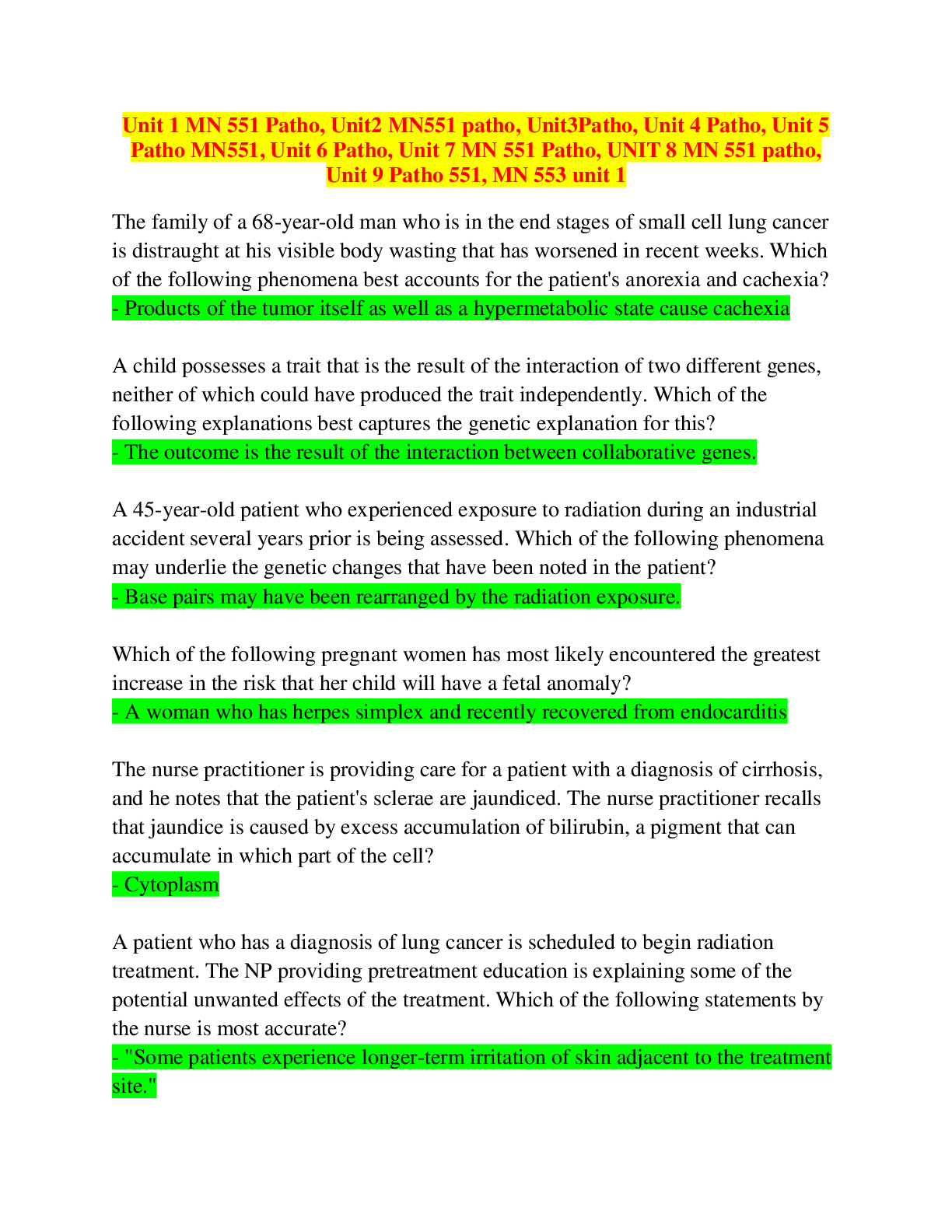 MN 551 Patho: All UNITS Exams Questions & Answers, Latest Update