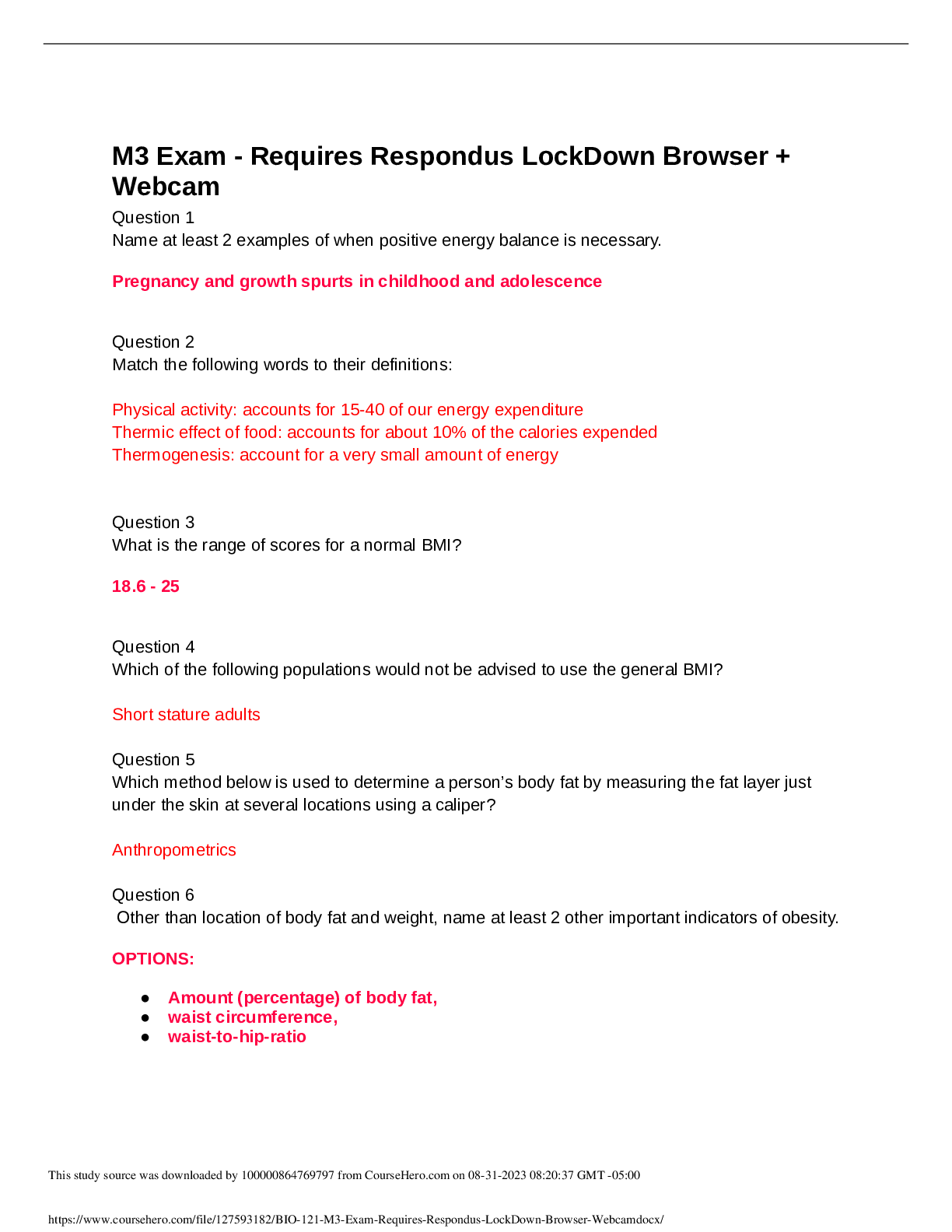 Preview of BIO 121 M3 Exam - Requires Respondus LockDown Browser + Webcam