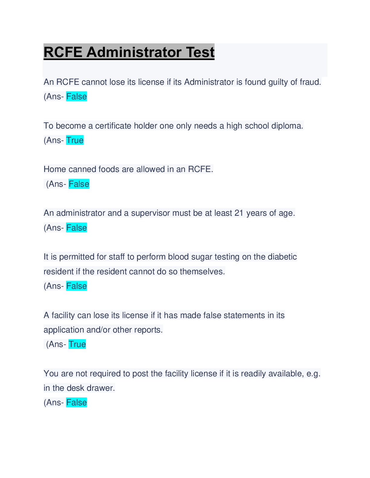 Preview image of RCFE Administrator Test: Updated A+ Solution: Questions & Answers document