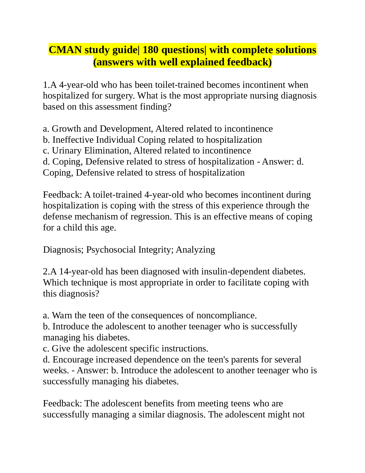 Recommended document preview for CMAN study guide 180 questions with complete solutions(answers with well explained feedback