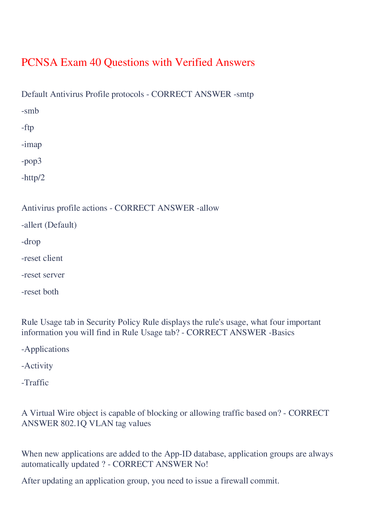 Preview of PCNSA Exam 40 Questions with Verified Answers,100% CORRECT