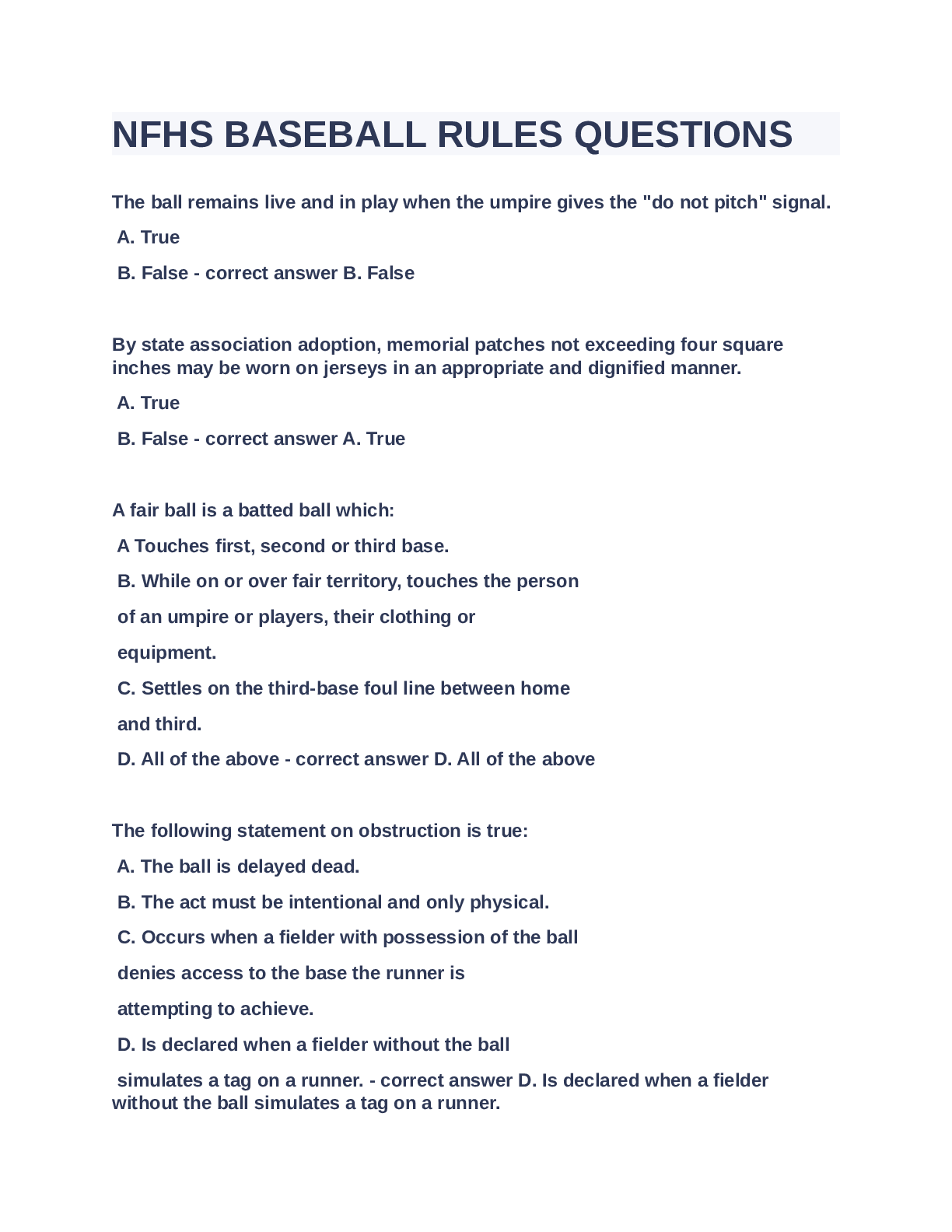 Preview image of NFHS BASEBALL RULES QUESTIONS 2023 document