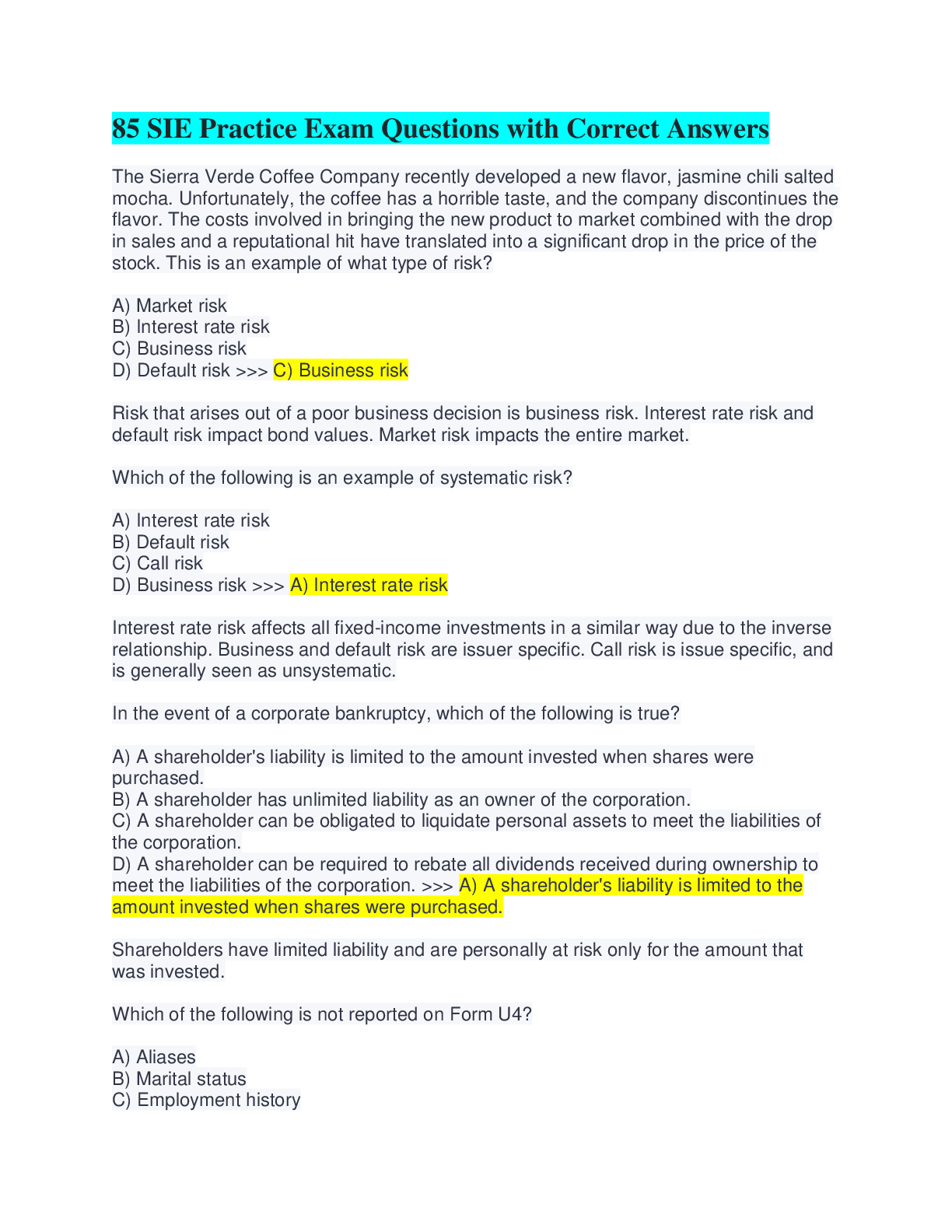 Preview image of SIE Practice Exam Questions with Correct Answers document