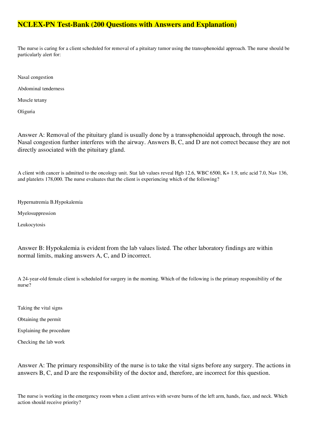 Preview image for NCLEX PN TEST BANK|ACTUAL NCLEX PN 2023- 2024 LATEST EXAM 200 QUESTIONS WITH ANSWERS & RATIONALES